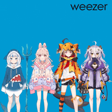 four anime characters are standing next to each other in front of a blue background that says weezer on it
