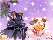 a picture of a cookie with hearts in her eyes is displayed on a purple background with picmix written on the bottom