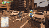 a screenshot of a video game shows a man and a robot on a street