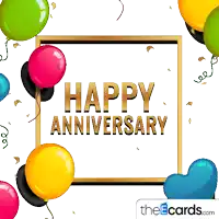 a greeting card that says happy anniversary with balloons and confetti