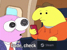 a cartoon character says dude check while looking at a phone