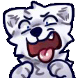 a white furry animal with its tongue hanging out .