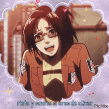 a picture of a girl with glasses and the words " riete y sonrie si eres de oliver "