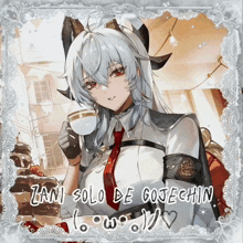 a picture of a girl holding a cup of coffee with the words zani solo de gotechin below her