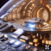 a futuristic room with a bed and a staircase