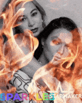 two women are surrounded by flames and the words sparkle starmaker