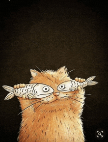 a cat is holding two fish in its mouth