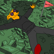 a cartoon of a man laying on a pile of money with a flag that says milli2billi