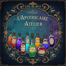a poster that says l' apothicare atelier with bottles of potions on it