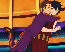a man in a purple shirt is hugging another man in a red shirt