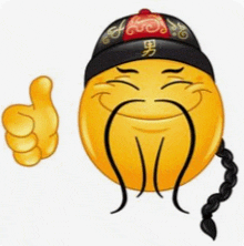 a smiley face with a hat and mustache is giving a thumbs up sign