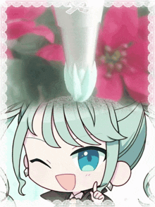 a drawing of a girl with green hair and blue eyes