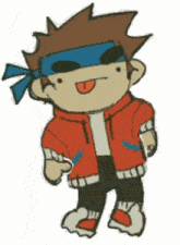 a cartoon character wearing a red jacket and a blue headband sticking out his tongue