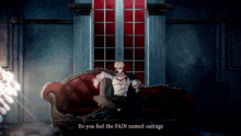 a man is sitting on a couch with the words do you feel the pain named outrage