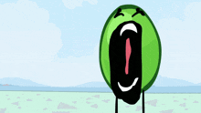 a cartoon drawing of a green object with a red exclamation point on its face