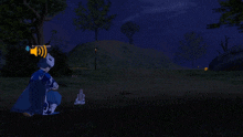 a screenshot of a video game shows a person in a blue cape sitting in the dark