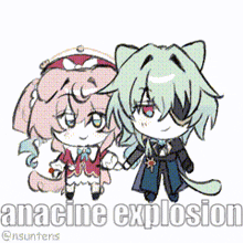a cartoon of a cat and a girl holding hands with the words anacine explosion below them