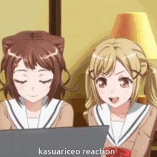 two anime girls are sitting next to each other looking at a laptop screen .