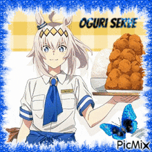 a picture of a girl holding a plate of food with oguri serve written on the bottom