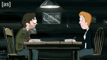 a cartoon of two people sitting at a table with the letters as above