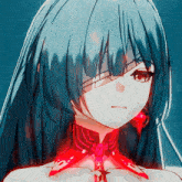 a drawing of a girl with blue hair and a red collar