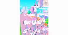a group of people are walking down a street with a dance studio in the background