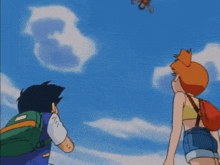 ash and misty are looking at a person flying through the air