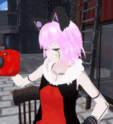 a girl with pink hair and black ears is holding a red apple