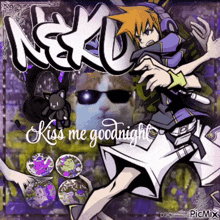 a picture of a man wearing sunglasses with the words kiss me goodnight