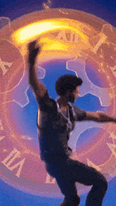 a man is dancing in front of a clock that says xii