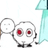 a cartoon character with red eyes is standing next to a stick figure and a ghost .