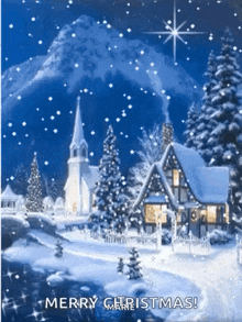 a snowy christmas scene with a church and a house in the foreground .