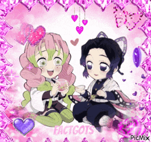 two anime characters are sitting next to each other on a pink background with the words factgots on the bottom