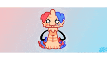 a cartoon character with red and blue hair and a letter t on his chest