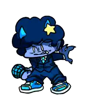 a cartoon character with purple hair and a star on his head