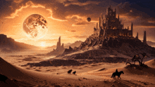 a castle on top of a hill with a full moon in the background