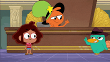 a cartoon of perry the platypus talking to a girl