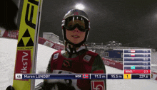 a skier wearing a helmet and goggles stands in front of a scoreboard that says ikstv