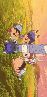a group of cartoon characters are standing upside down in a field at sunset