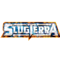 a slugterra logo with a speech bubble around it