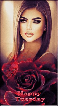 a picture of a woman with roses and the words happy tuesday on the bottom