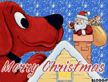 a merry christmas greeting card with a red dog and santa claus