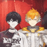 two anime characters are standing next to each other with one wearing a jacket that says damu on it