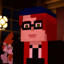 a minecraft character with red hair and glasses is standing in front of a window