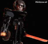 a robot with a cigarette in his mouth is holding a light saber