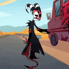 a cartoon character with horns and a tail is standing next to a red truck