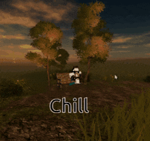 a person sitting on a bench in a field with the word chill written on the bottom