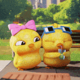 a couple of cartoon ducks standing next to each other one wearing sunglasses and a pink bow