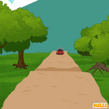 a red car is driving down a dirt road with trees in the background and the word milli on the bottom right