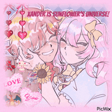 a drawing of a boy and a girl with the words xander is sunflower 's universe above them
